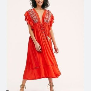 NEW Free People Orange Flutter Sleeve V Neck Midi Dress